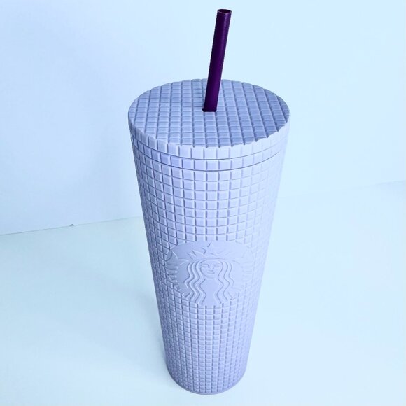 Starbucks 24 oz Tumbler 2021 Matte Lilac Purple Grid with Straw Venti Cold Cup - Picture 2 of 2
